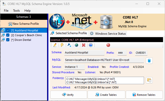 CORE HL7 MySQL Schema Engine main window