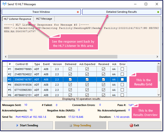 HL7 Ad Hoc Sender Results Window