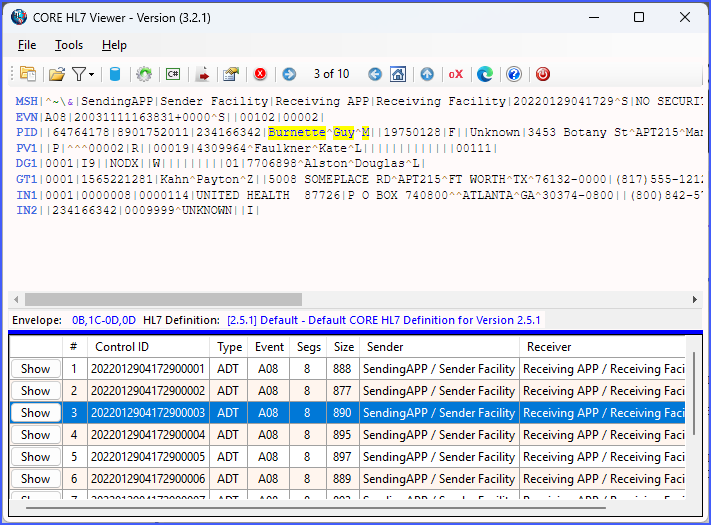 HL7 Viewer main window
